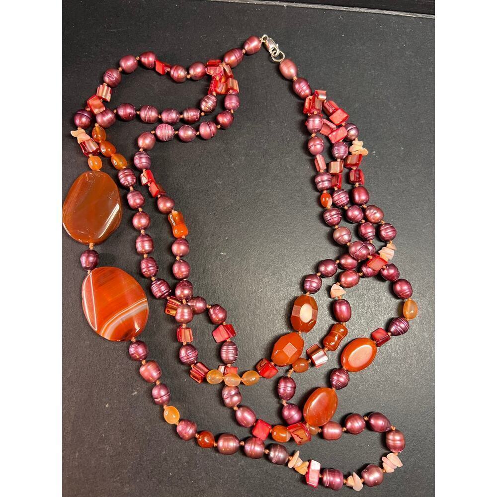 NEW carnelian and freshwater pearl strand necklace with sterling silver clasp